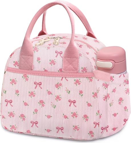 Carry bloom Lunch Box for Women Insulated Lunch Bag Cute Corduroy Lunchbag Reusable Lunchbox for Work flower bow pink - Image 1