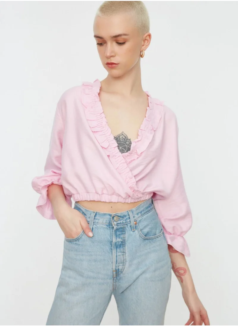 trendyol Ruffle Detail V-Neck Crop Top