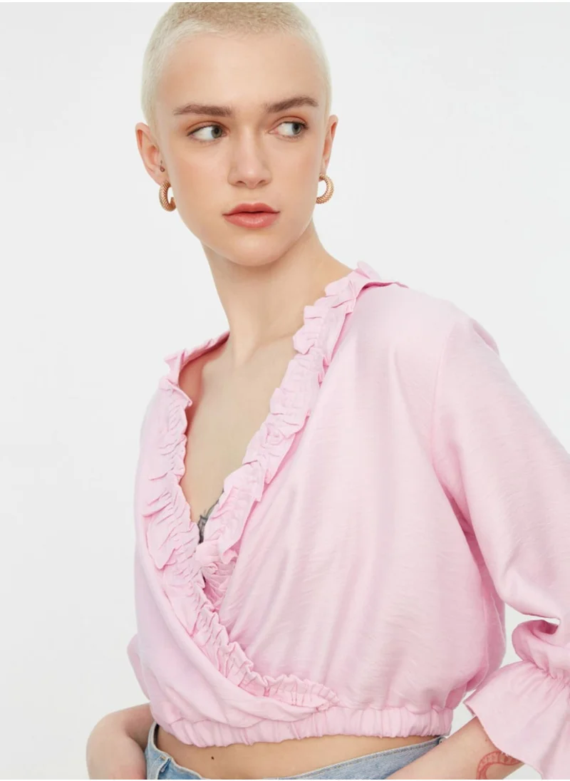 trendyol Ruffle Detail V-Neck Crop Top