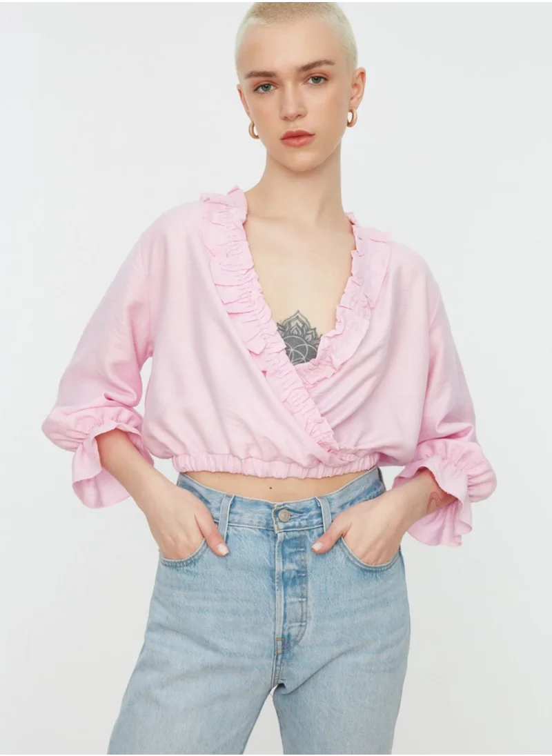 trendyol Ruffle Detail V-Neck Crop Top