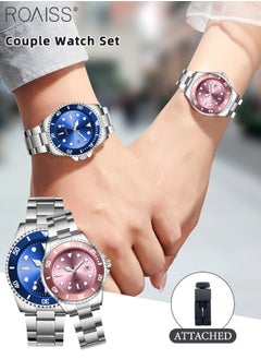 roaiss Stainless Steel Strap Couple Quartz Watch Set, Analog Display Round Dial with Rotatable Bezel, Luminous Waterproof Calendar Watch Gift for Men Women  - Image 1