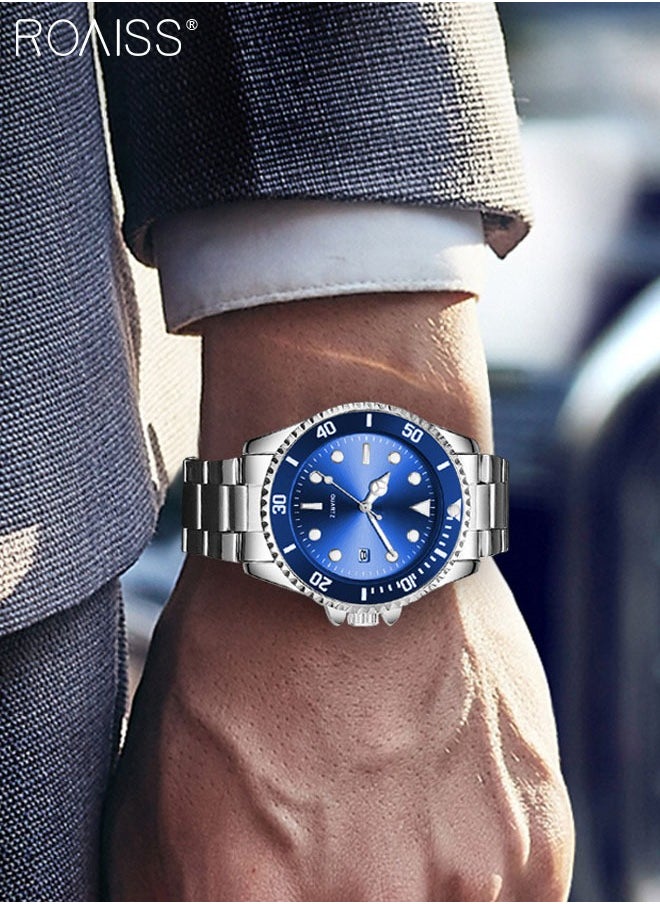 roaiss - Stainless Steel Strap Couple Quartz Watch Set, Analog Display Round Dial with Rotatable Bezel, Luminous Waterproof Calendar Watch Gift for Men Women - Image 1