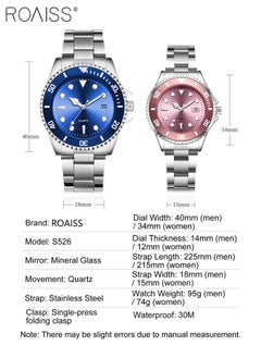 roaiss Stainless Steel Strap Couple Quartz Watch Set, Analog Display Round Dial with Rotatable Bezel, Luminous Waterproof Calendar Watch Gift for Men Women  - Image 4