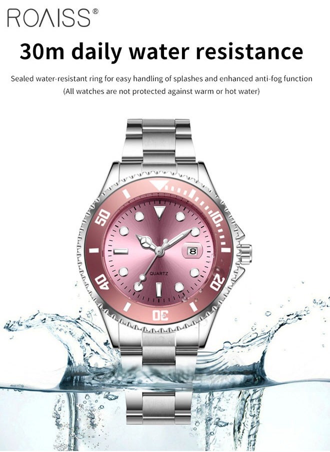 roaiss - Stainless Steel Strap Couple Quartz Watch Set, Analog Display Round Dial with Rotatable Bezel, Luminous Waterproof Calendar Watch Gift for Men Women - Image 1