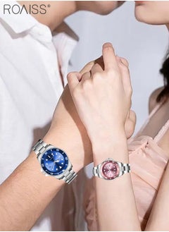 roaiss Stainless Steel Strap Couple Quartz Watch Set, Analog Display Round Dial with Rotatable Bezel, Luminous Waterproof Calendar Watch Gift for Men Women  - Image 2
