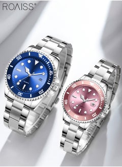 roaiss Stainless Steel Strap Couple Quartz Watch Set, Analog Display Round Dial with Rotatable Bezel, Luminous Waterproof Calendar Watch Gift for Men Women  - Image 3