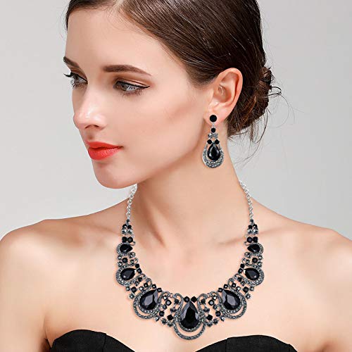 BriLove Costume Fashion Jewelry Set for Women Crystal Teardrop Hollow Scroll Statement Necklace Dangle Earrings Black Silver-Tone - Image 2