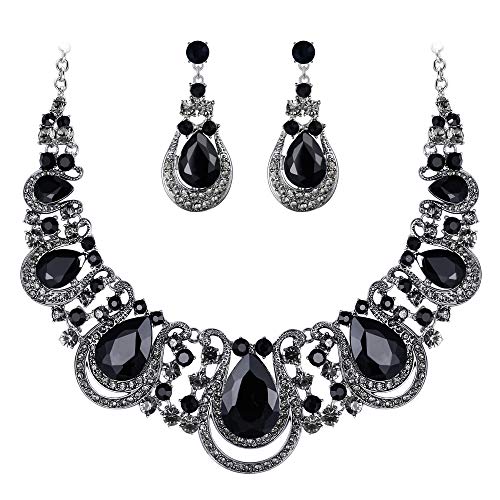 BriLove Costume Fashion Jewelry Set for Women Crystal Teardrop Hollow Scroll Statement Necklace Dangle Earrings Black Silver-Tone - Image 1