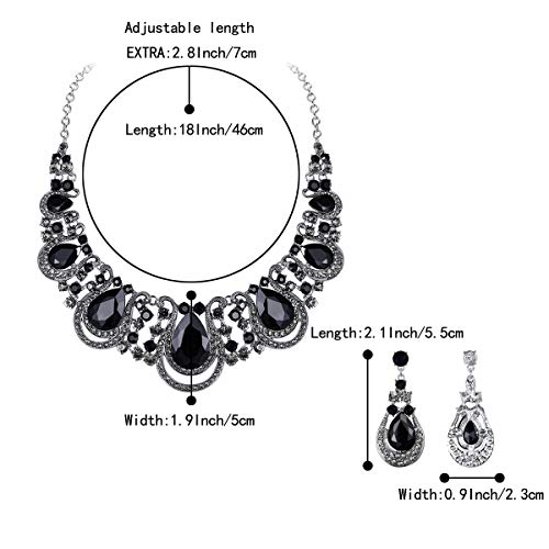 BriLove Costume Fashion Jewelry Set for Women Crystal Teardrop Hollow Scroll Statement Necklace Dangle Earrings Black Silver-Tone - Image 4
