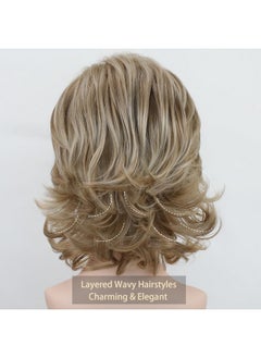 RENERSHOW RENERSHOW Short Mixed Blonde Curly Wig with Bangs Natural Wavy Synthetic Wigs for Women  - Image 5