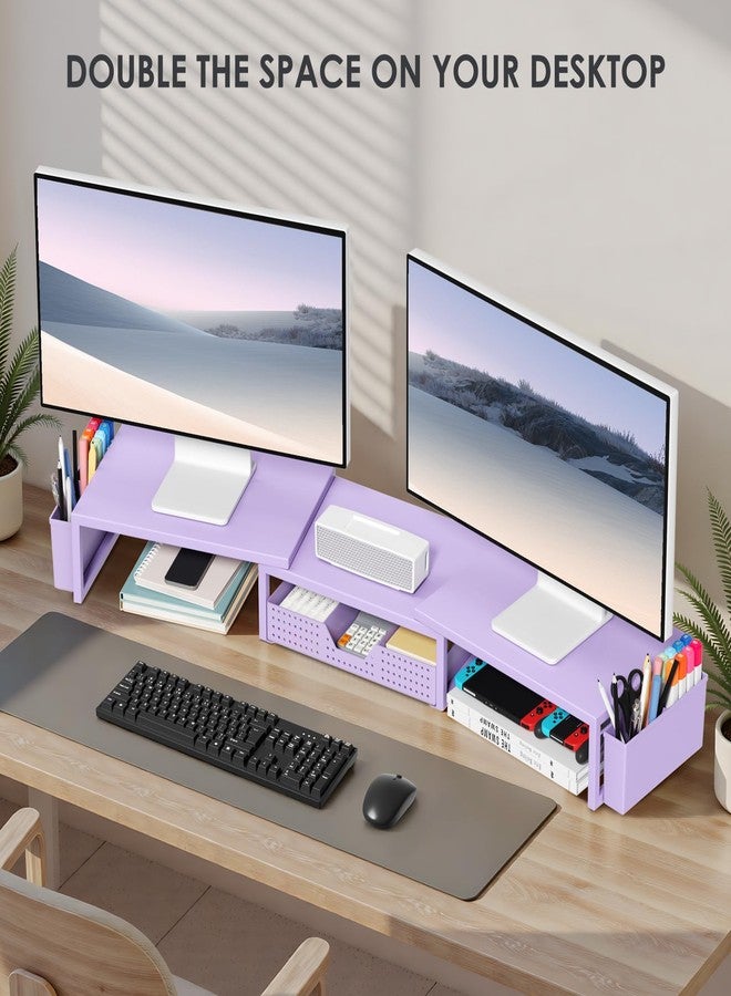 OPNICE Purple Desk Organizers and Accessories, Dual Computer Monitor Stand Riser with Drawer and 2 Pen Holders, Office Desk Accessories, Workspace Desktop Organization for Office Supplies - Image 4