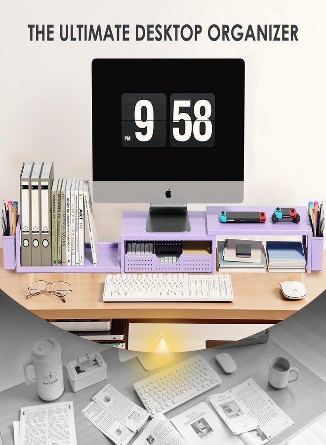 OPNICE Purple Desk Organizers and Accessories, Dual Computer Monitor Stand Riser with Drawer and 2 Pen Holders, Office Desk Accessories, Workspace Desktop Organization for Office Supplies - Image 5