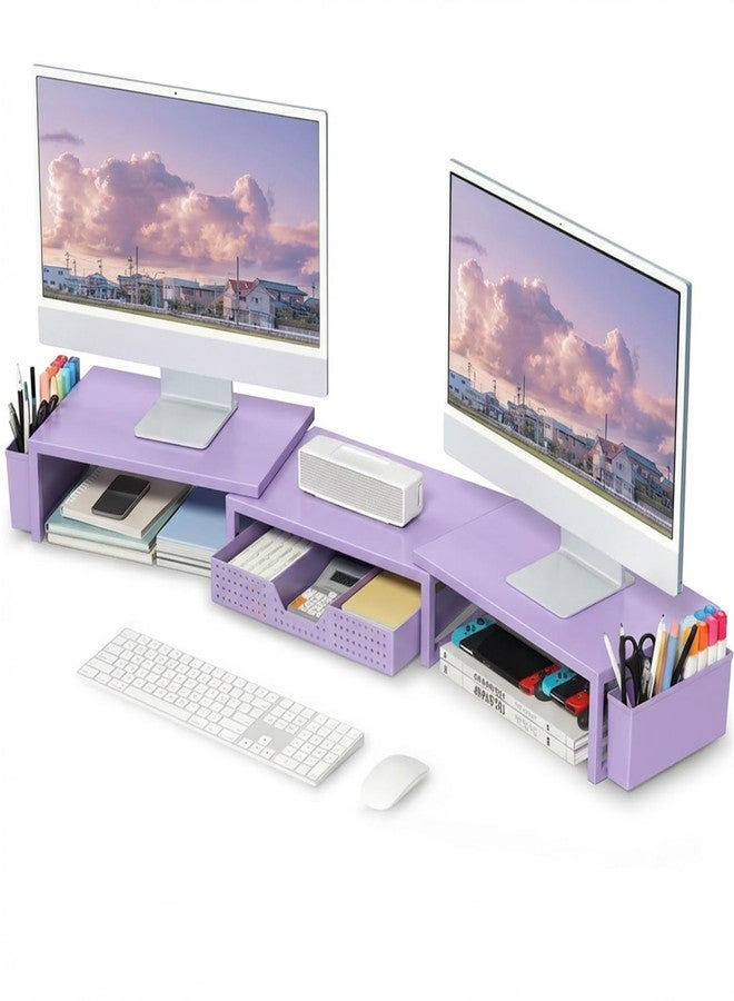 OPNICE Purple Desk Organizers and Accessories, Dual Computer Monitor Stand Riser with Drawer and 2 Pen Holders, Office Desk Accessories, Workspace Desktop Organization for Office Supplies - Image 1