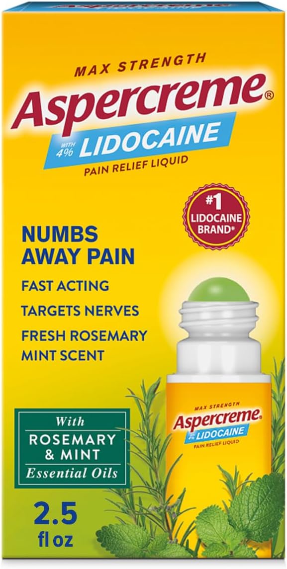 Aspercreme Aspercreme Essential Oils Lidocaine Pain Relief with No-Mess Roll-On Applicator, Max-Strength Lidocaine Numbs Away Nerve Pain, Moisturizing Aloe Hydrates Skin, Rosemary & Mint, 2.5 Oz. 
