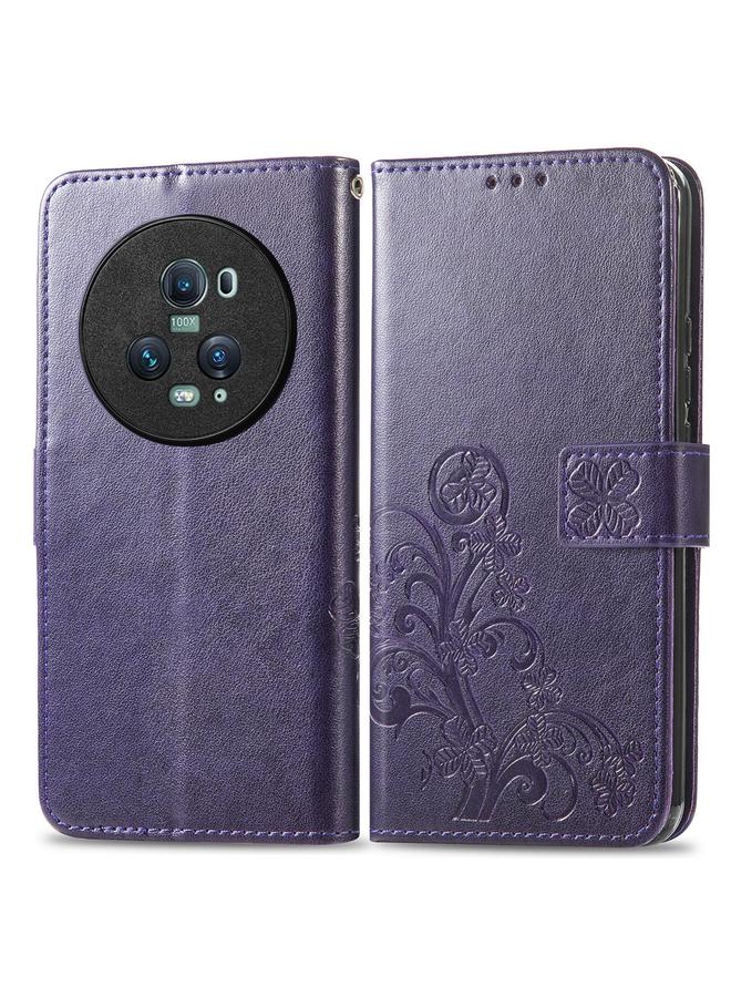 زبون جراب لهاتف Honor Magic5 Pro مصنوع من الجلد مع مشبك منقوش بأربع أوراق - Image 2