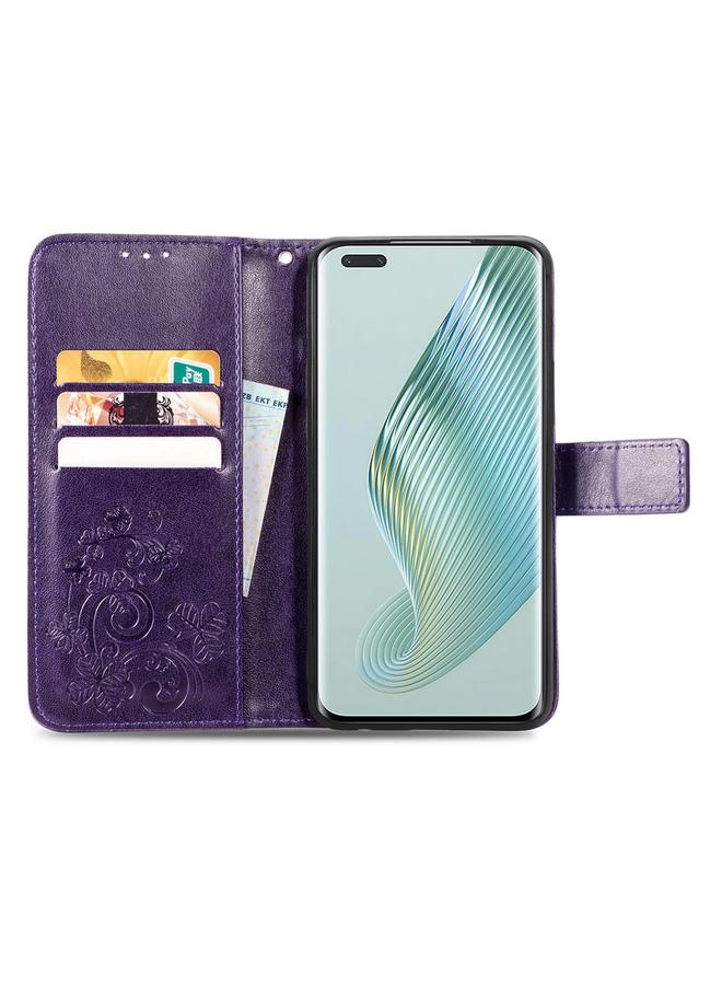 زبون جراب لهاتف Honor Magic5 Pro مصنوع من الجلد مع مشبك منقوش بأربع أوراق - Image 3