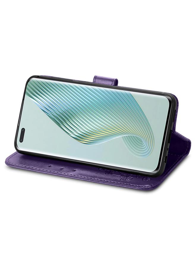 زبون جراب لهاتف Honor Magic5 Pro مصنوع من الجلد مع مشبك منقوش بأربع أوراق - Image 4