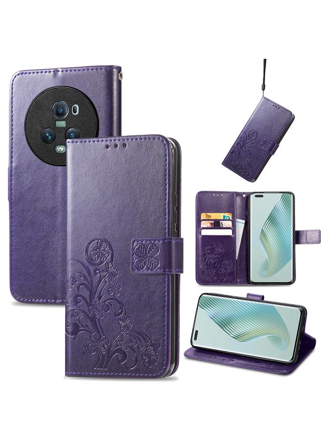 زبون جراب لهاتف Honor Magic5 Pro مصنوع من الجلد مع مشبك منقوش بأربع أوراق - Image 1