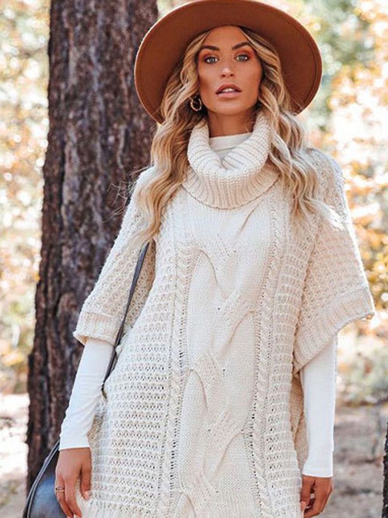 YUNIQEE Beige Self Design Turtle Neck Poncho - Image 4