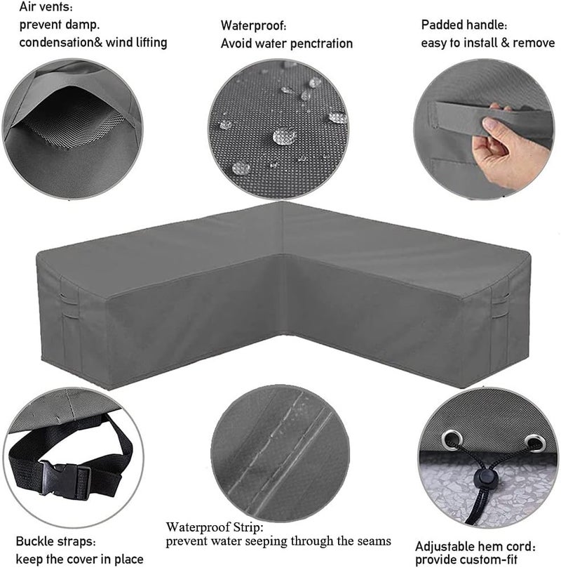 Skyour Patio Furniture Sectional Couch Sofa Cover Skyour Gray Weatherproof Heavy Duty 420D Oxford Outdoor V Shaped Sectional Garden Rattan Corner Sofa Furniture Protector Covers (V-Shape: 117x117in) - Image 4