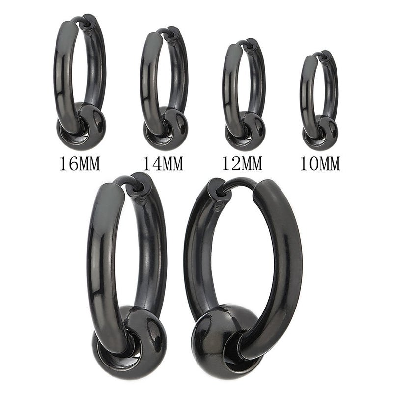 COOLSTEELANDBEYOND Stainless Steel Black Circle Beads Huggie Hinged Hoop Earrings for Men Women, 2pcs - Image 2