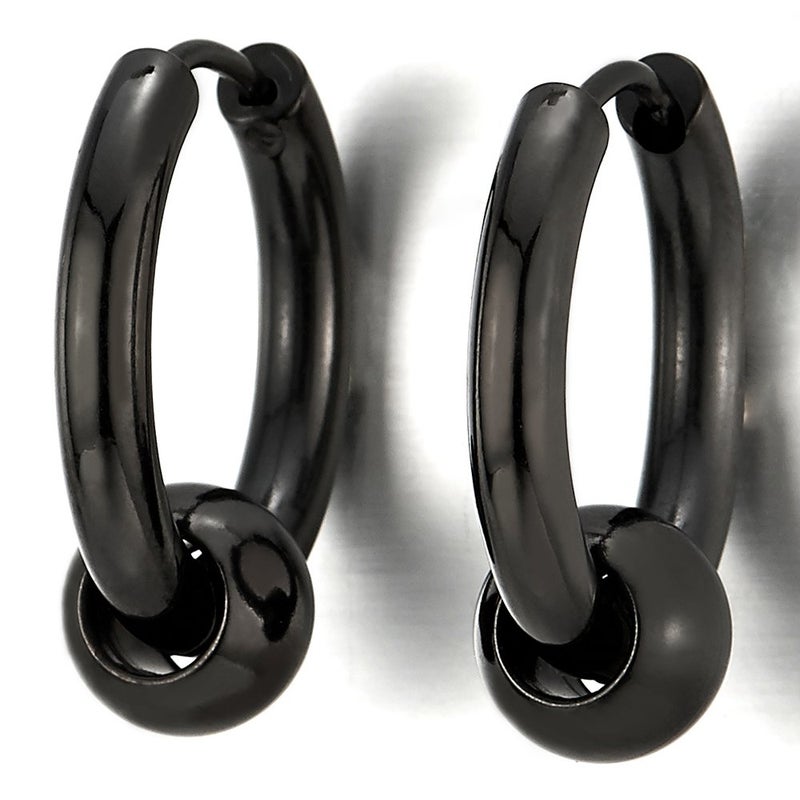 COOLSTEELANDBEYOND Stainless Steel Black Circle Beads Huggie Hinged Hoop Earrings for Men Women, 2pcs - Image 5