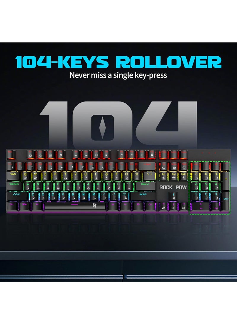 Arabic English Mechanical Gaming Keyboard with RGB LED Backlit 104 Keys USB Interface E-sport Waterproof Wired Keyboard for Windows/MacOS/Android PC Gamers