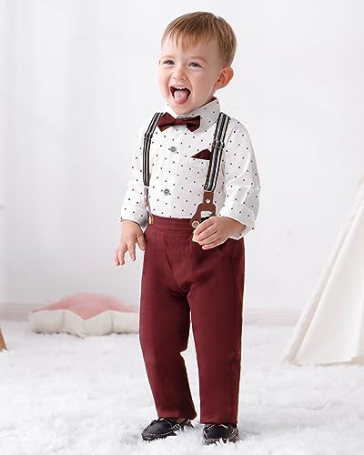 DISAUR Toddler Boy Dress Clothes Short Sleeve White Flower Dress Shirt Bow Tie Suspender Christmas Red Plaid Pants Toddler Outfits For Boys 18 Months 2t 24 Months - Image 3