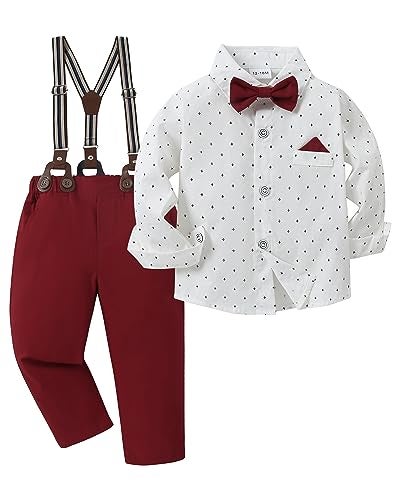 DISAUR Toddler Boy Dress Clothes Short Sleeve White Flower Dress Shirt Bow Tie Suspender Christmas Red Plaid Pants Toddler Outfits For Boys 18 Months 2t 24 Months - Image 1