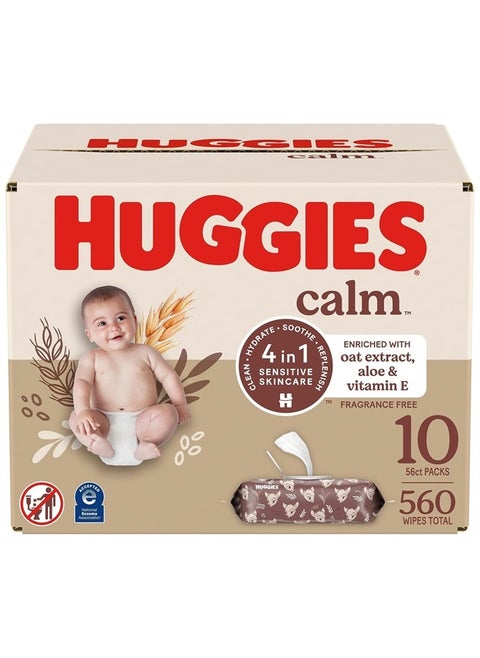Huggies Calm Baby Diaper Wipes, Unscented, Hypoallergenic, 10 Push Button Packs (560 Wipes Total)