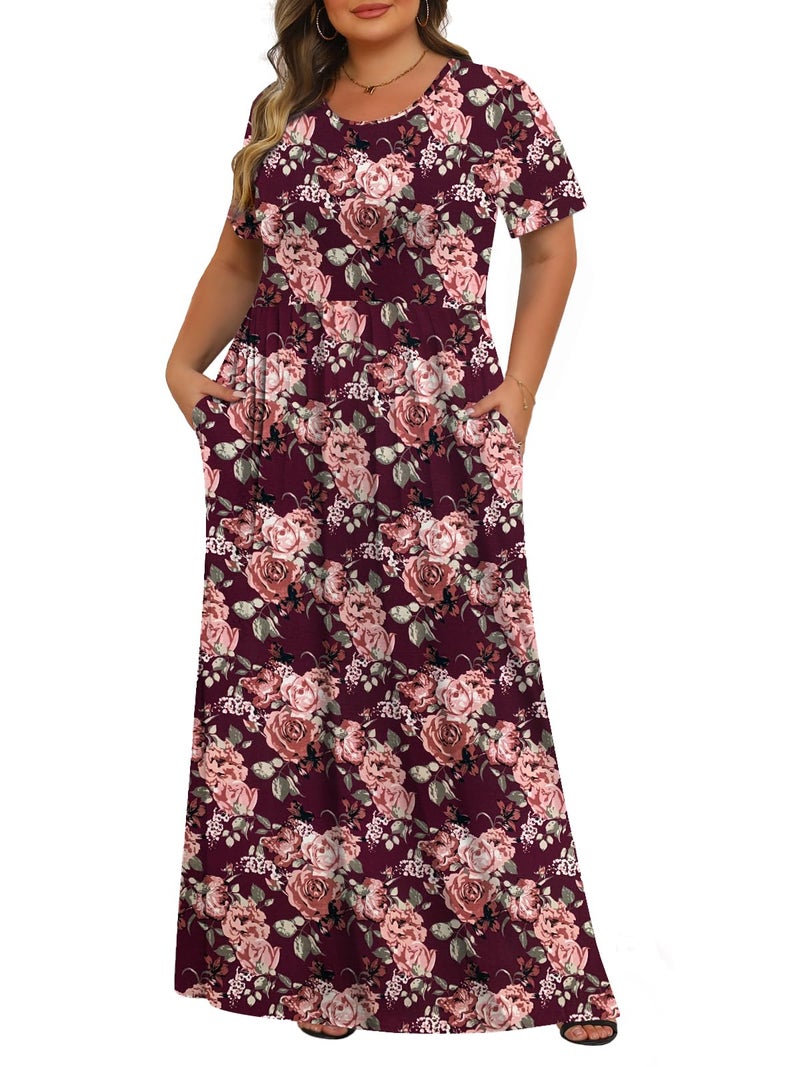 Tencede Womens Plus Size Maxi Dresses Summer 2026 Casual Short Sleeve with Pockets Long Dress Peony Purple 3X - Image 1