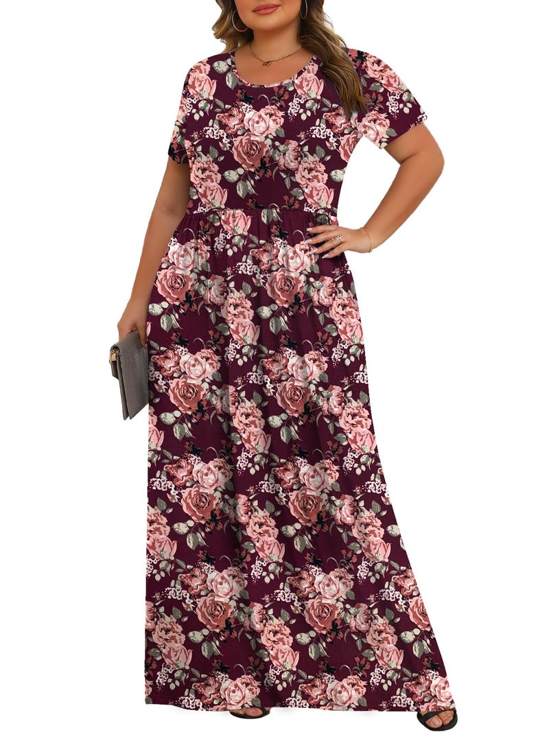 Tencede Womens Plus Size Maxi Dresses Summer 2026 Casual Short Sleeve with Pockets Long Dress Peony Purple 3X - Image 2