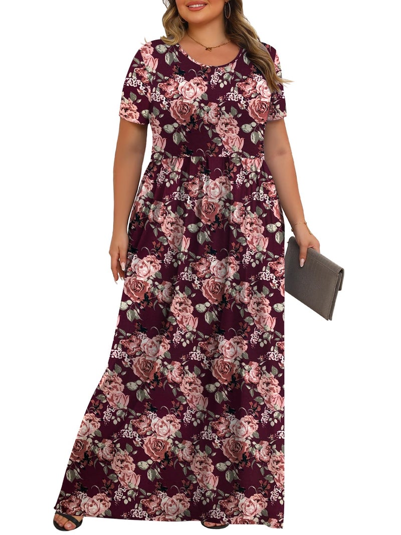 Tencede Womens Plus Size Maxi Dresses Summer 2026 Casual Short Sleeve with Pockets Long Dress Peony Purple 3X - Image 3