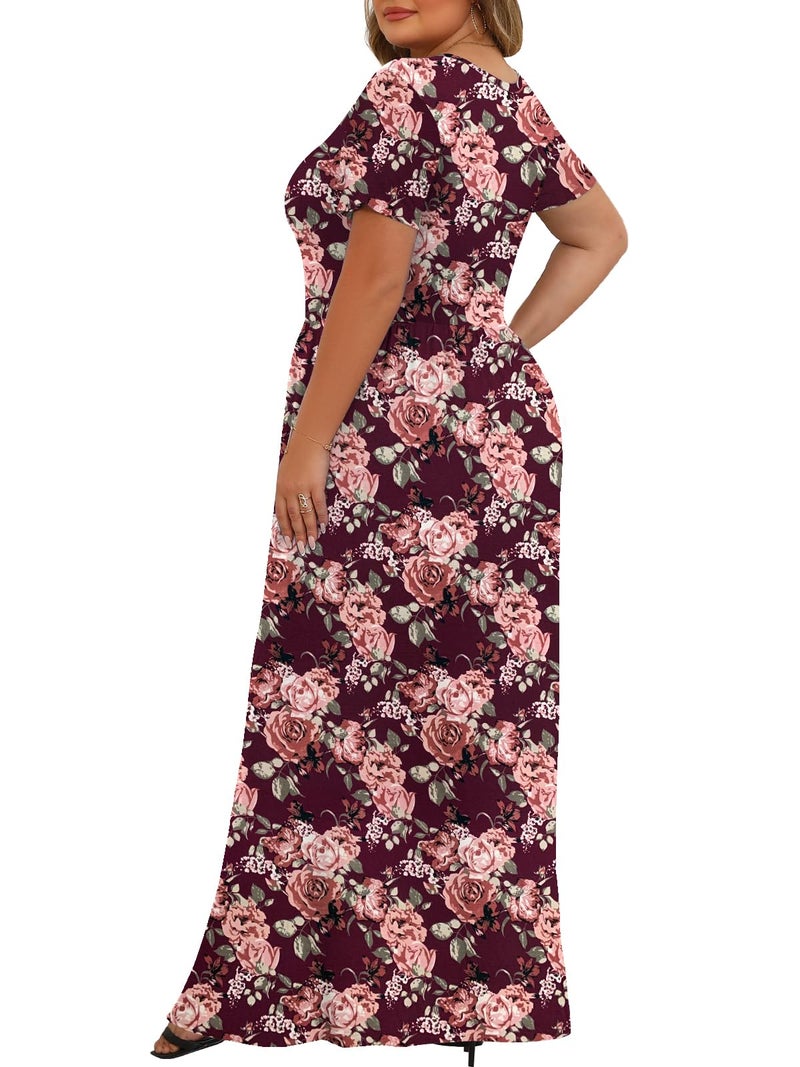 Tencede Womens Plus Size Maxi Dresses Summer 2026 Casual Short Sleeve with Pockets Long Dress Peony Purple 3X - Image 4