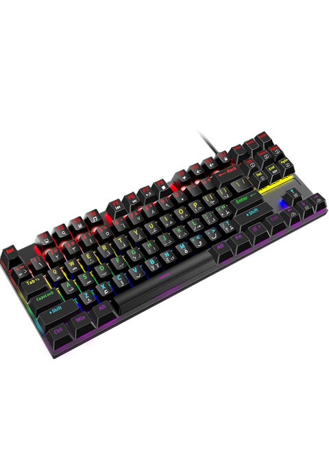 English Arabic Mechanical Gaming Keyboard with LED Backlit, Quick Response USB Wired Waterproof 87 Keys Keyboard for Windows/MacOS/Android PC Gamers - Black/Blue Switch