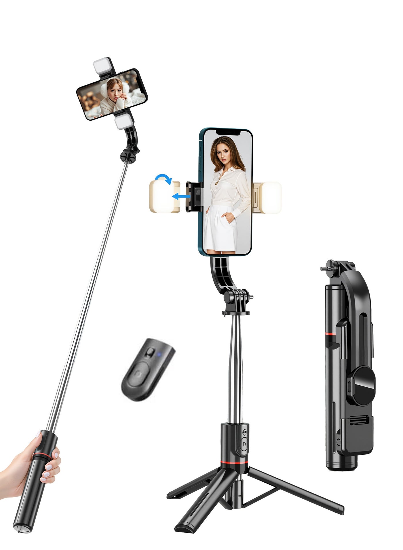 Selfie Stick Tripod with Light, 45'' Selfie Stick with Wireless Remote, Portable Phone Tripod Compatible with iPhone 16/15 Pro Max/15/14 Pro/14/13, Samsung S22/ S23 Ultra/Android Smartphone