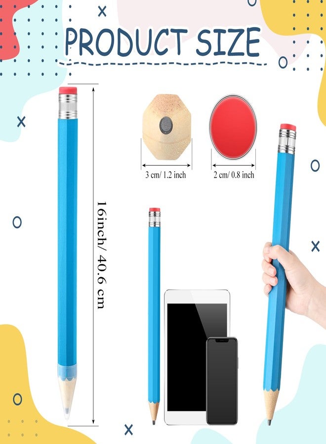 Trandraft Back to School Gifts for Students 2 Pcs 16 Inch Giant Pencils Wooden Jumbo Pencils Prop Decor Funny with Cap Eraser Large Fun Novelty Gifts for Kids School Kindergarten Home Office(Blue) - Image 2