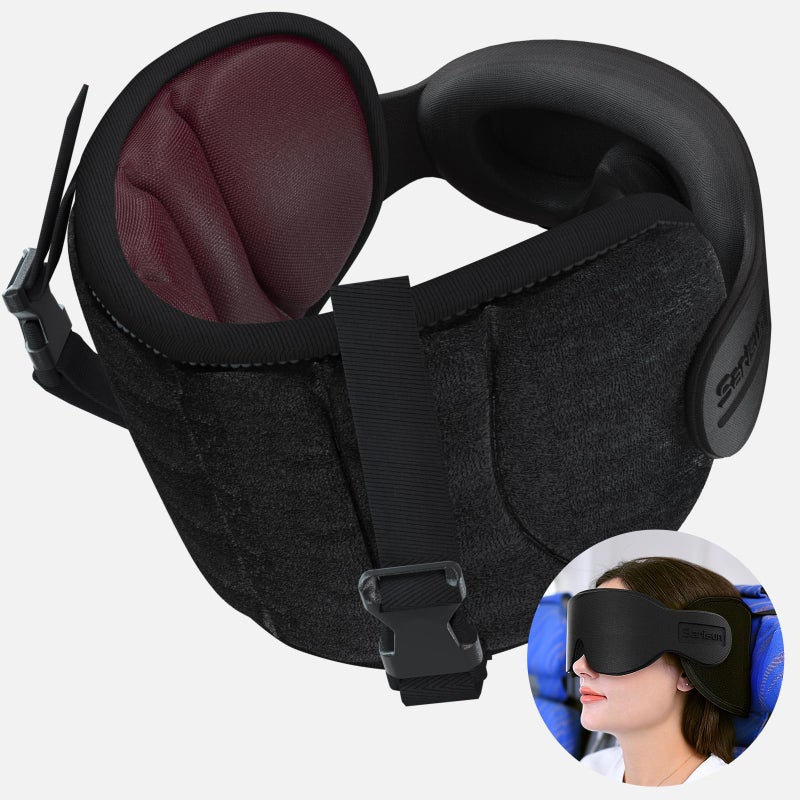 SARISUN Travel Pillows for Airplanes Airplane Pillow for Long Flight Airplane Head Strap with Sleep Eye Mask 360 Headrest for Car Road Trip Stop Bobblehead Red