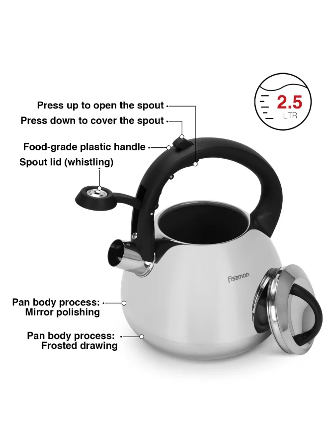فيسمان Whistling Tea Kettle 2.5L, Stainless Steel 18/10 INOX304 Kettle | Mirror-Polished Finish | Bakelite Handle | Induction Bottom for all Cooktops | Indoor and Outdoor Cookware, Dishwasher Safe