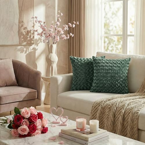 FUTEI Pack of 2 Solid Throw Pillow Covers 18x18 Inch Soft Rose Swirl Textured Decorative Cushion Case Modern Farmhouse Accent Decor for Couch Bed Living Room Dark Green - Image 3