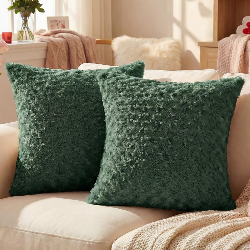 FUTEI Pack of 2 Solid Throw Pillow Covers 18x18 Inch Soft Rose Swirl Textured Decorative Cushion Case Modern Farmhouse Accent Decor for Couch Bed Living Room Dark Green - Image 2