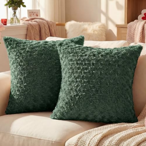 FUTEI Pack of 2 Solid Throw Pillow Covers 18x18 Inch Soft Rose Swirl Textured Decorative Cushion Case Modern Farmhouse Accent Decor for Couch Bed Living Room Dark Green - Image 1