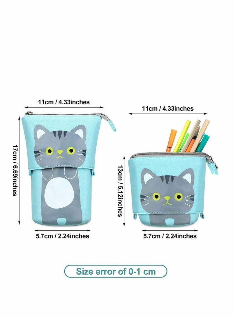 3 pcs Telescopic Pen Case Canvas Cute Cat Pencil Pouch Couple’s Pen Stationery Bags Holder Stand Up Make Up Bag for Students (Gray, Black and White) - Image 5