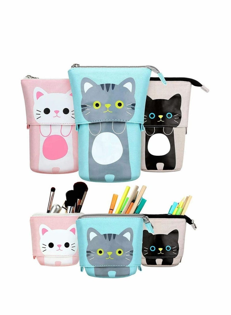 3 pcs Telescopic Pen Case Canvas Cute Cat Pencil Pouch Couple’s Pen Stationery Bags Holder Stand Up Make Up Bag for Students (Gray, Black and White) - Image 1