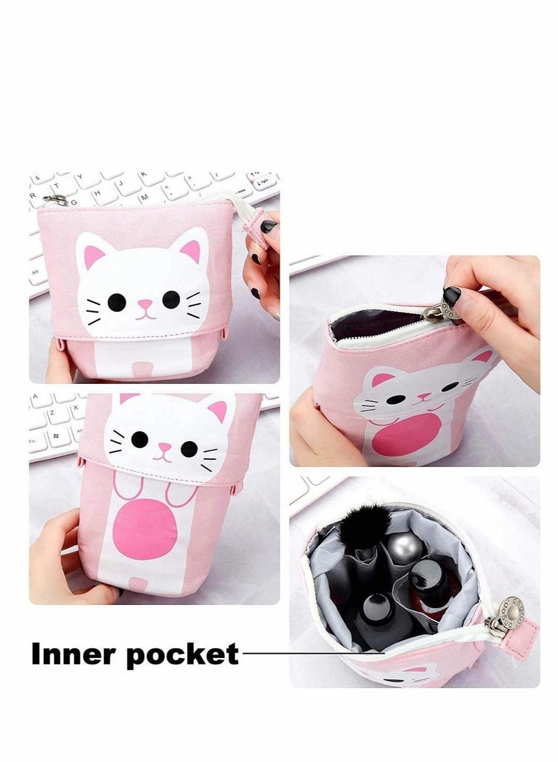 3 pcs Telescopic Pen Case Canvas Cute Cat Pencil Pouch Couple’s Pen Stationery Bags Holder Stand Up Make Up Bag for Students (Gray, Black and White) - Image 4