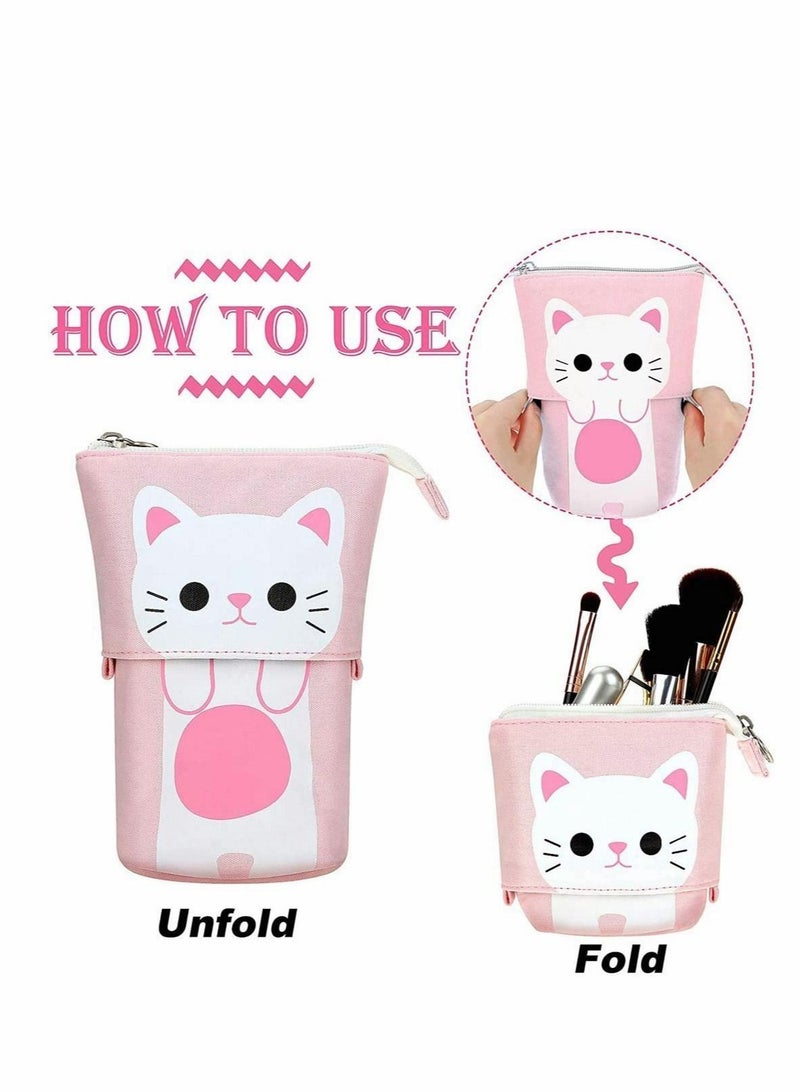 3 pcs Telescopic Pen Case Canvas Cute Cat Pencil Pouch Couple’s Pen Stationery Bags Holder Stand Up Make Up Bag for Students (Gray, Black and White) - Image 2