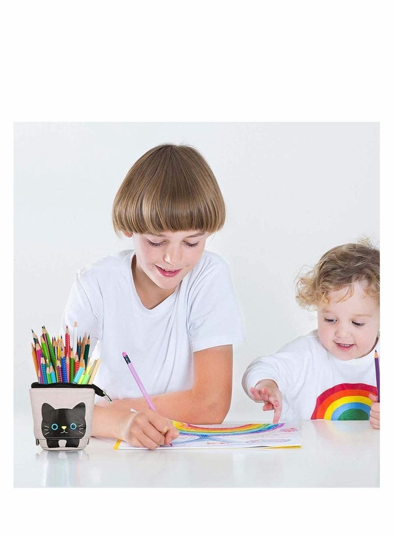 3 pcs Telescopic Pen Case Canvas Cute Cat Pencil Pouch Couple’s Pen Stationery Bags Holder Stand Up Make Up Bag for Students (Gray, Black and White) - Image 3