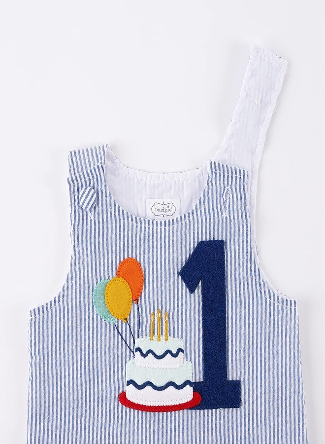 Mud Pie baby boys BIRTHDAY BOY SEERSUCKER SHORTALL, 1, 12-18 Months US - Image 2