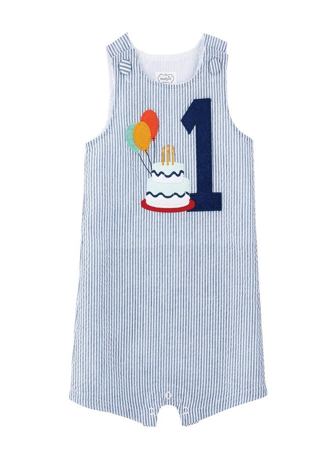 Mud Pie baby boys BIRTHDAY BOY SEERSUCKER SHORTALL, 1, 12-18 Months US - Image 1