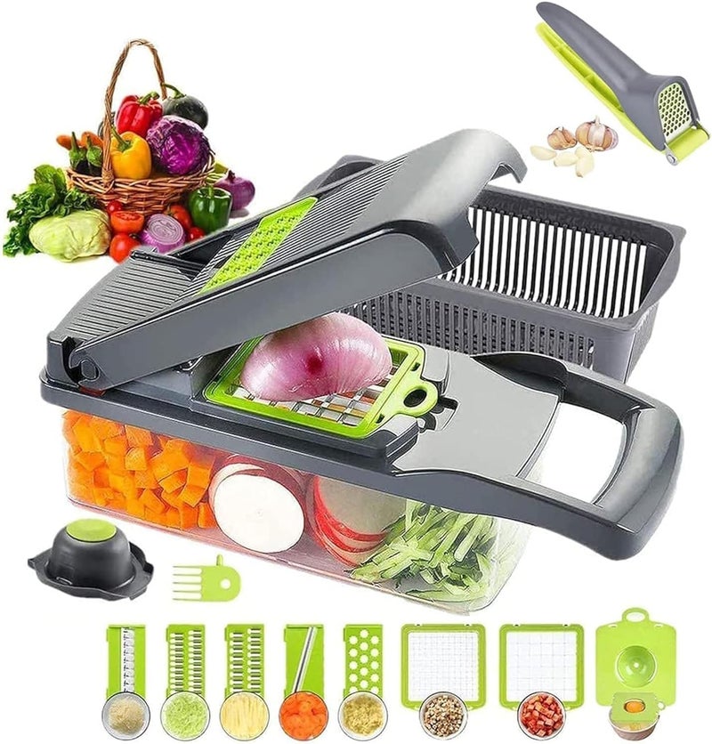 Vegetable Chopper Spiralizer Slicer Dicer Cutter with Container Pro Food Chopper Cheese Grater Multi Blades for Home Kitchen BBQ Onion Potato Tomato